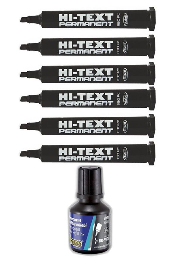 Siyah Kesik Uçlu Markör Permanent Kalem 6 Adet Hı-Text Marker Mürekkep Siyah 30 Ml 1 Adet Brons Koli Kalemi ürün görseli 1