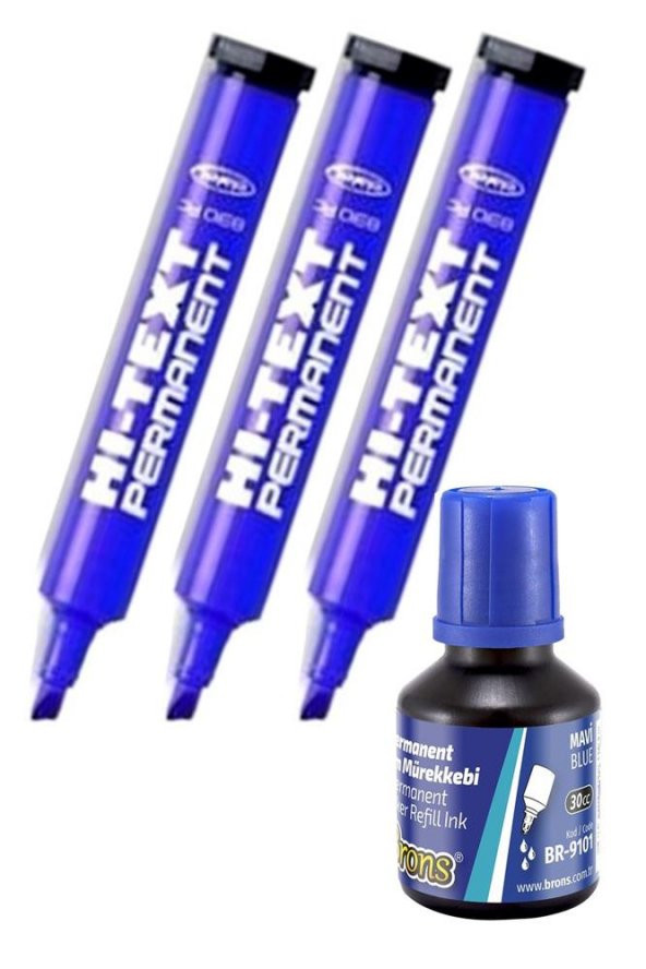 Mavi Kesik Uçlu Markör Permanent Kalem 3 Adet Hı-Text Marker Mürekkep Siyah 30 Ml 1 Adet Brons Koli Kalemi ürün görseli 1