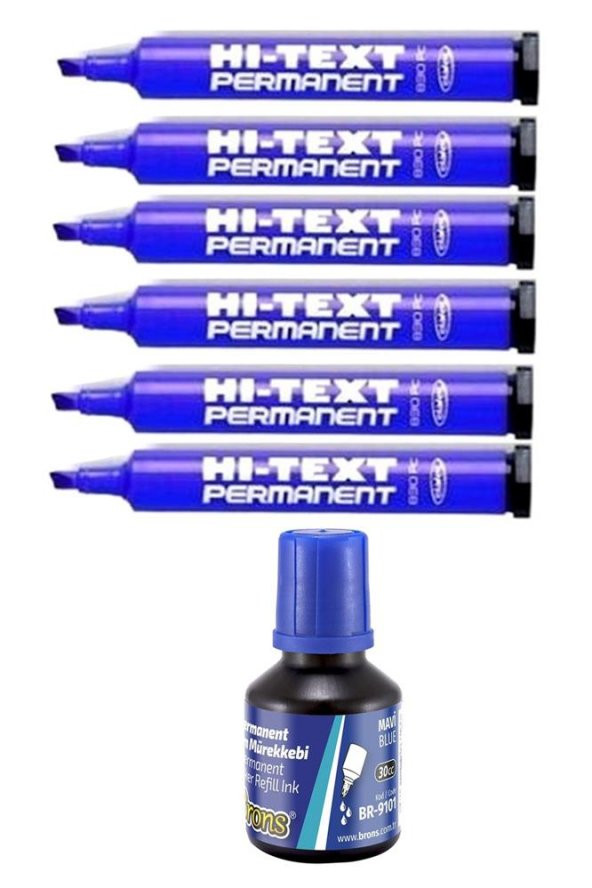 Mavi Kesik Uçlu Markör Permanent Kalem 6 Adet Hı-Text Marker Mürekkep Siyah 30 Ml 1 Adet Brons Koli Kalemi ürün görseli 1