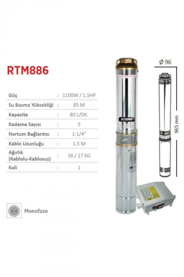Rtrmax Rtm886 Derin Kuyu Dalgıç Pompa Monofaze 1.5hp - 1100w ürün görseli 1