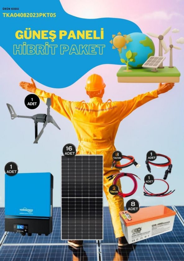 Güneş Enerjisi  Hibrit Paket 7.2 KVA İnverter 450 watt  Güneş Paneli 200 Amper Jel Akü İ-2000W 48V Rüzgar Türbini + Hibrit Şarj Kontrol ürün görseli 1
