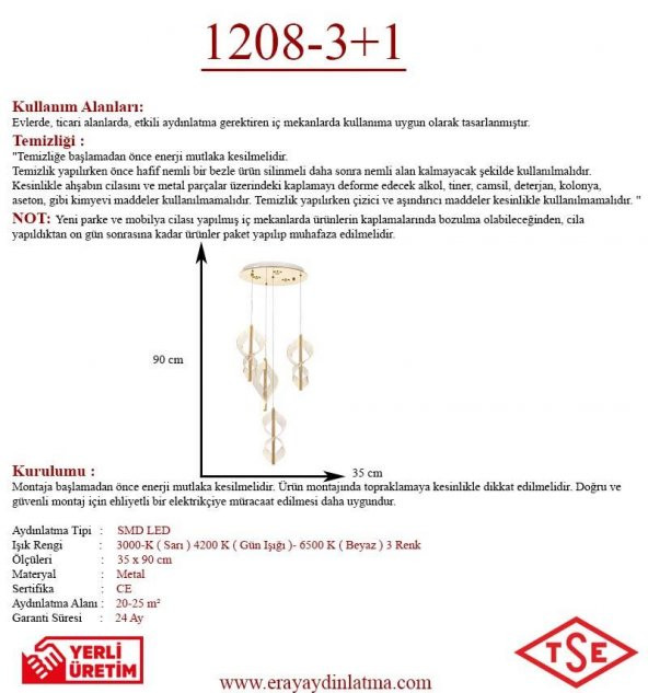 Eray Aydınlatma 1208-3+1 4Lü Sarkıt Led Avize - Resim 3