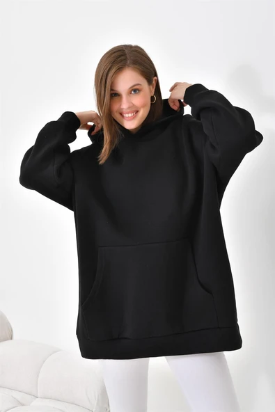 FTZ Women Kadın Oversize 3 İp Şardonlu Kapüşonlu Sweatshirt  Siyah 10000 ürün görseli 1