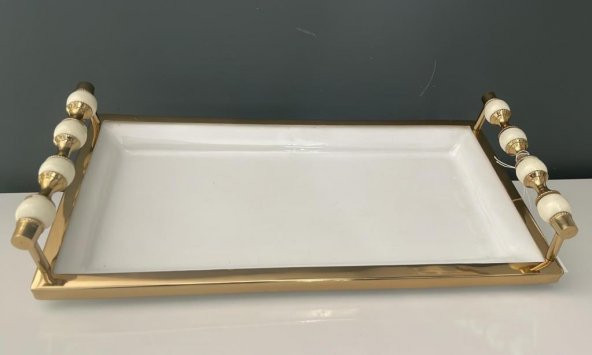 LAMEDOR  KULPLU BEYAZ GOLD KÜÇÜK DİKDÖRTGEN TEPSİ 18*36*8 CM ürün görseli 1