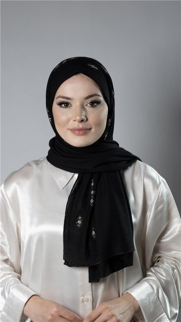 Siyah Pratik Hazır Geçmeli Tesettür Şal Örme Kumaş Taşlı Çiçek Desenli  2118C_01 ürün görseli 1