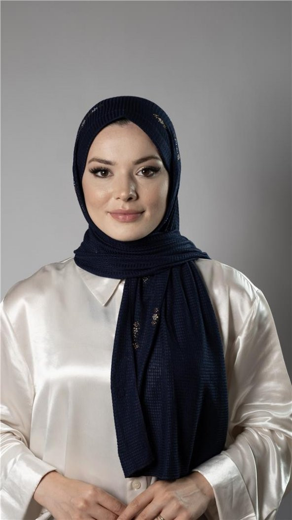 Lacivert Pratik Hazır Geçmeli Tesettür Şal Örme Kumaş Taşlı Çiçek Desenli  2118C_02 ürün görseli 1