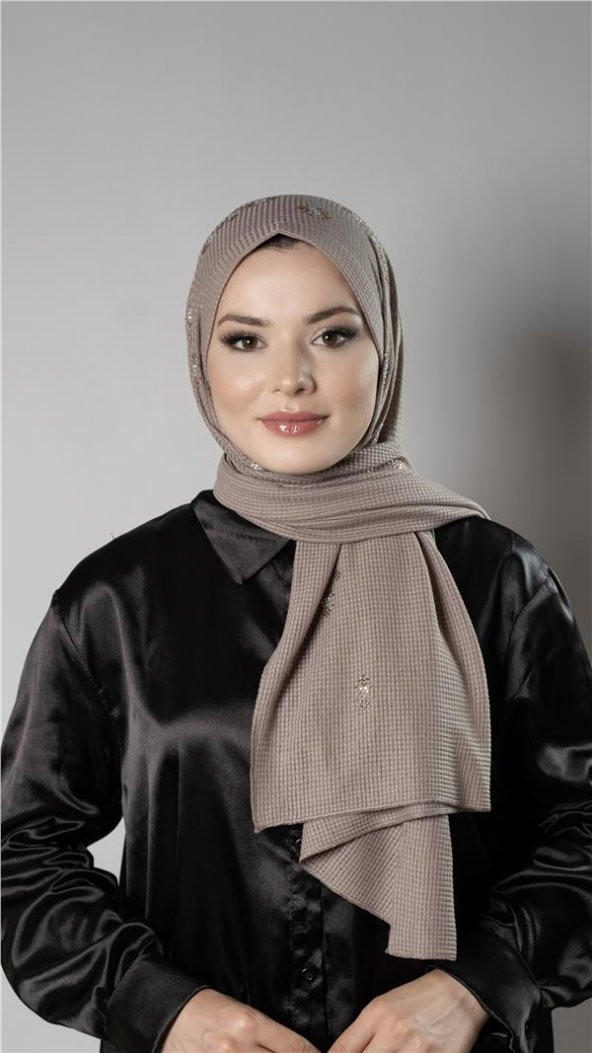 Vizon Pratik Hazır Geçmeli Tesettür Şal Örme Kumaş Taşlı Çiçek Desenli  2118C_10 ürün görseli 1