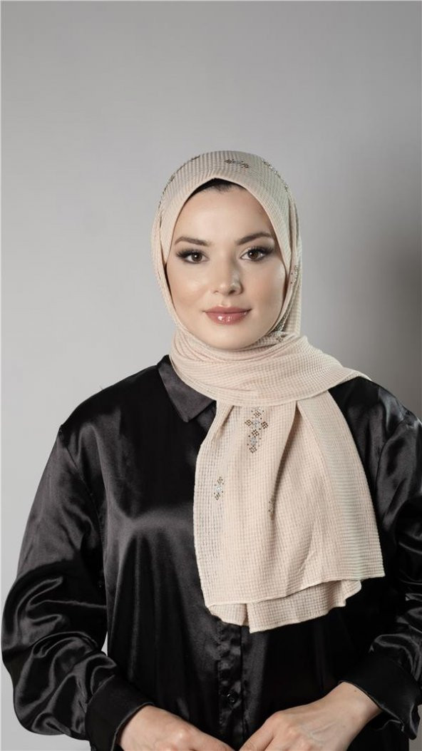 Bej Pratik Hazır Geçmeli Tesettür Şal Örme Kumaş Taşlı Çiçek Desenli  2118C_12 ürün görseli 1