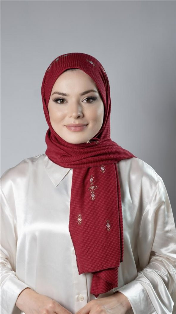 Bordo Pratik Hazır Geçmeli Tesettür Şal Örme Kumaş Taşlı Çiçek Desenli  2118C_16 ürün görseli 1