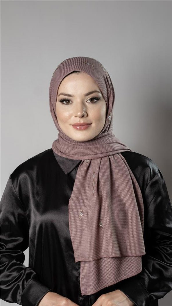 Gül Kurusu Pratik Hazır Geçmeli Tesettür Şal Örme Kumaş Taşlı Çiçek Desenli  2118C_18 ürün görseli 1