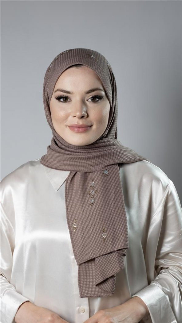 Koyu Vizon Pratik Hazır Geçmeli Tesettür Şal Örme Kumaş Taşlı Çiçek Desenli  2118C_38 ürün görseli 1