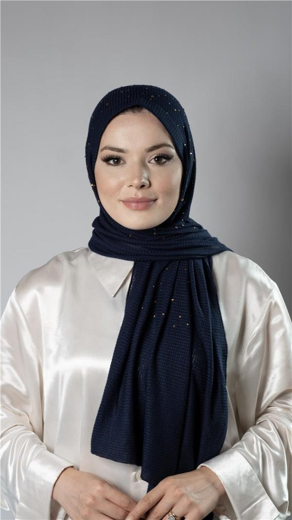 Lacivert Pratik Hazır Geçmeli Tesettür Şal Örme Kumaş Taş Desenli 2118T_02 ürün görseli 1