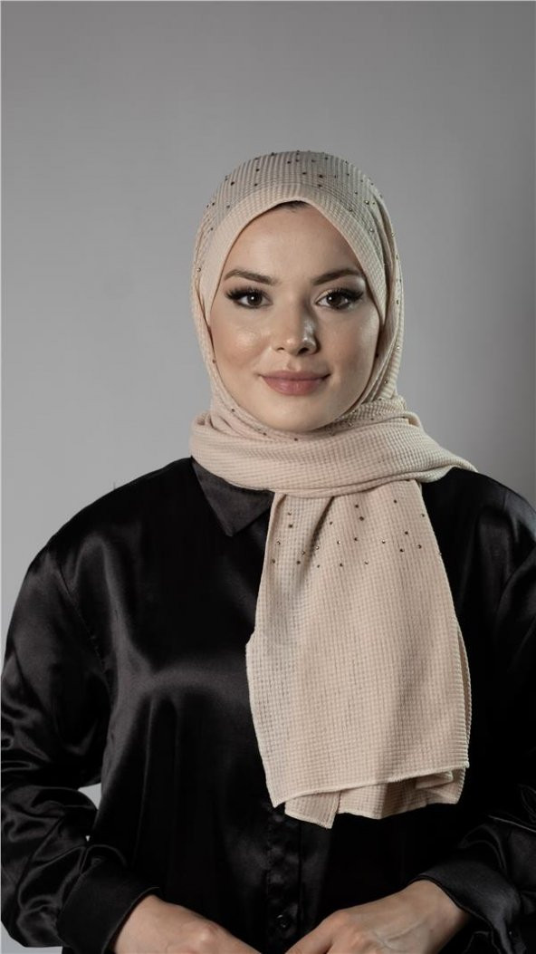 Bej Pratik Hazır Geçmeli Tesettür Şal Örme Kumaş Taş Desenli 2118T_12 ürün görseli 1