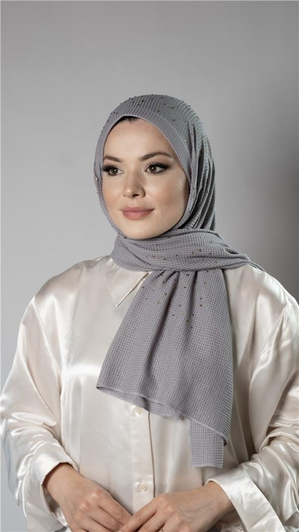 Gri Pratik Hazır Geçmeli Tesettür Şal Örme Kumaş Taş Desenli 2118T_15 ürün görseli 1