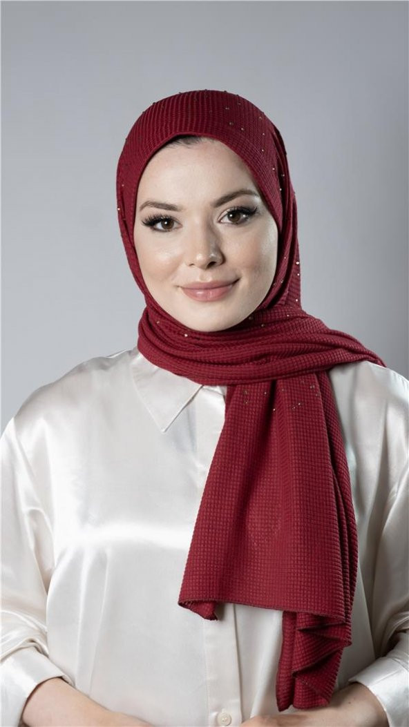 Bordo Pratik Hazır Geçmeli Tesettür Şal Örme Kumaş Taş Desenli 2118T_16 ürün görseli 1