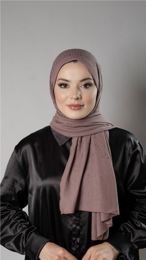 Gül Kurusu Pratik Hazır Geçmeli Tesettür Şal Örme Kumaş Taş Desenli 2118T_18 ürün görseli 1