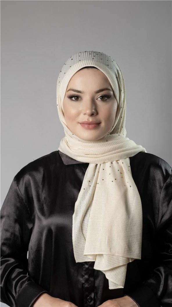 Krem Pratik Hazır Geçmeli Tesettür Şal Örme Kumaş Taş Desenli 2118T_40 ürün görseli 1