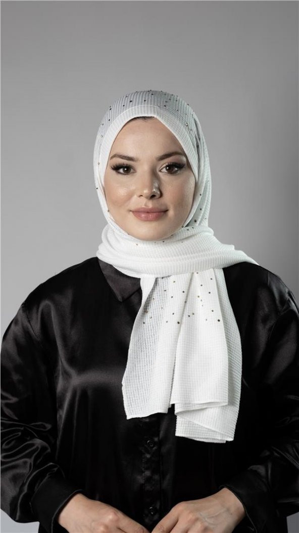 Beyaz Pratik Hazır Geçmeli Tesettür Şal Örme Kumaş Taş Desenli 2118T_42 ürün görseli 1