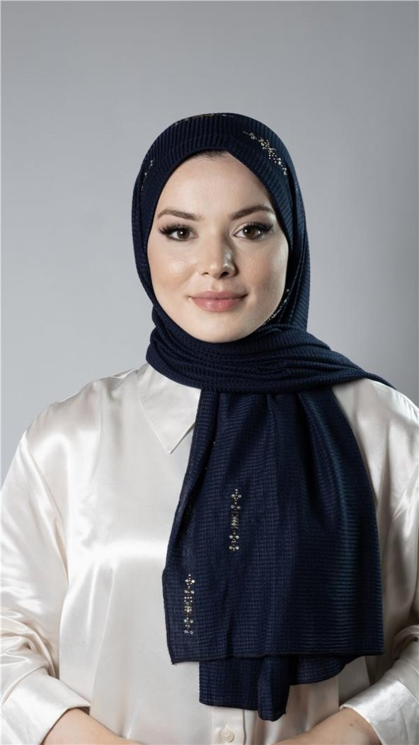 Lacivert Pratik Hazır Geçmeli Tesettür Şal Örme Kumaş Taşlı Yıldız Desenli  2118Y_02 ürün görseli 1