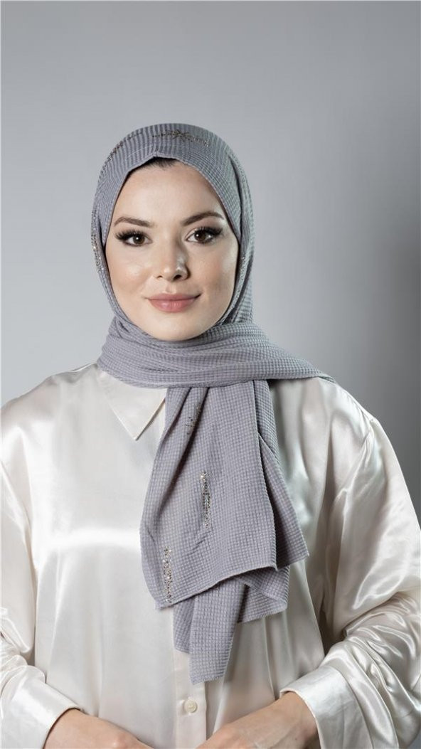 Gri Pratik Hazır Geçmeli Tesettür Şal Örme Kumaş Taşlı Yıldız Desenli  2118Y_15 ürün görseli 1