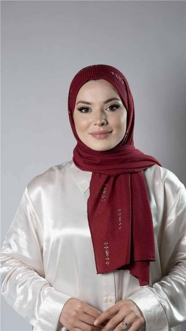 Bordo Pratik Hazır Geçmeli Tesettür Şal Örme Kumaş Taşlı Yıldız Desenli  2118Y_16 ürün görseli 1