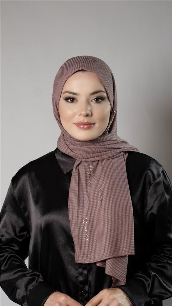 Gül Kurusu Pratik Hazır Geçmeli Tesettür Şal Örme Kumaş Taşlı Yıldız Desenli  2118Y_18 ürün görseli 1