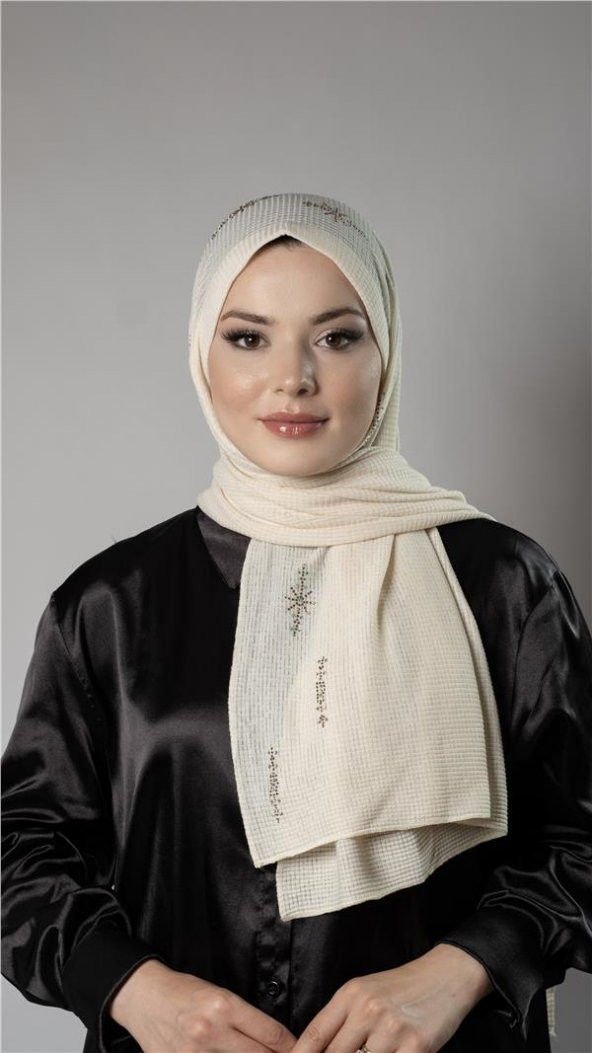 Krem Pratik Hazır Geçmeli Tesettür Şal Örme Kumaş Taşlı Yıldız Desenli  2118Y_40 ürün görseli 1