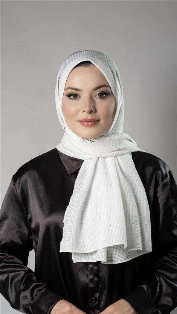 Beyaz Pratik Hazır Geçmeli Tesettür Şal Örme Kumaş Taşlı Yıldız Desenli  2118Y_42 ürün görseli 1