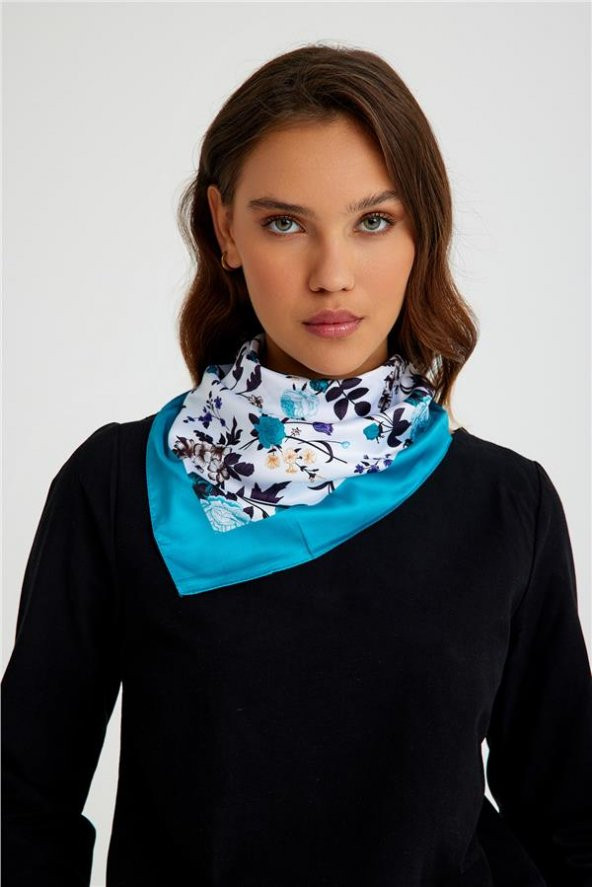 Beyaz Bandana Fular Saten Kumaş Çiçek Desenli 1014_42 ürün görseli 1