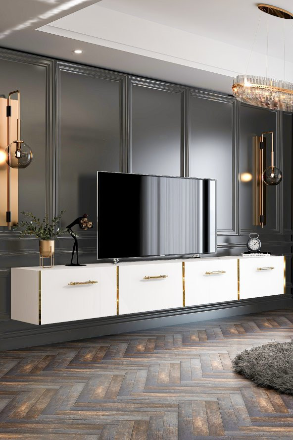 Givayo Mobilya Maria Tv Ünitesi Duvara Monte/ Ayaklı Kullanım 240 cm Beyaz-Altın ürün görseli 1