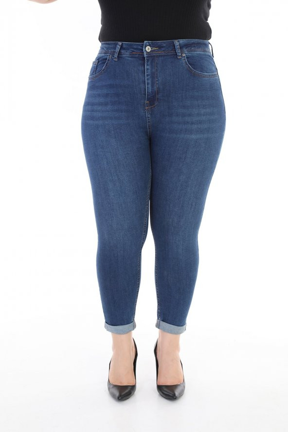 Paçaları Katlı ve Yüksek Belli Cepli Astarsız Dar Kalıp Kadın Kot Pantolon Koyu Mavi Denim Jean ürün görseli 1