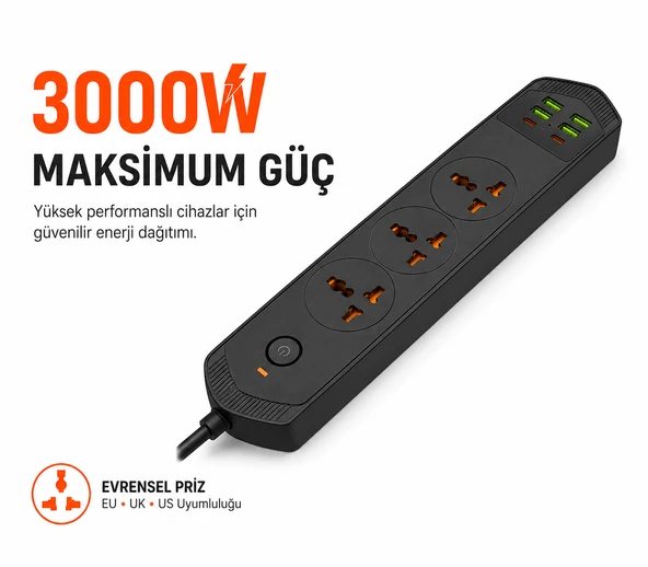 Çoklu Priz 10 Girişli 4+4 USB 2 Type-C 2M Kablolu Akım Korumalı Anahtarlı Uzatma Grup Priz 3000w ürün görseli 1
