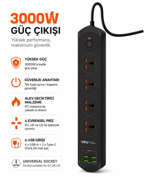 10 Girişli 4+4 USB + 2 Type-C Çoklu Priz 2 M Kablolu Akım Korumalı Anahtarlı Uzatma Grup Priz 3000w ürün görseli 1