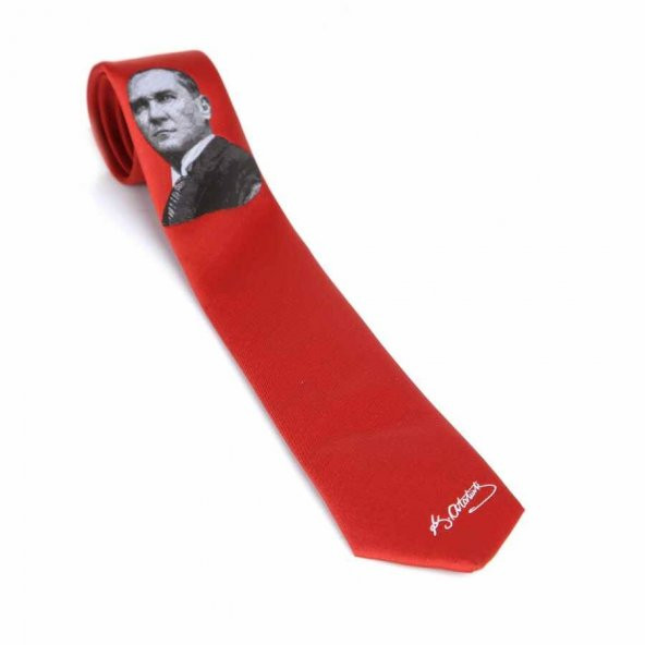 Atatürk ve İmza Desenli Dokuma Kırmızı Kravat - AK-04 ürün görseli 1