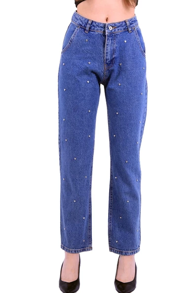 Önü Dekoratif Taşlı Yüksek Belli Cepli Mom Fit Kadın Kot Pantolon Jean Durulanmış Mavi Dört Mevsim ürün görseli 1