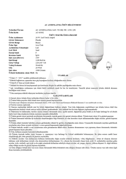 20W Torch Led Ampul Amber Işık - Resim 2