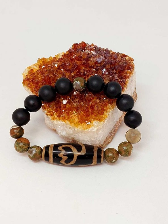 Tibet Akik, Shungit & Riyolit Taşlı Lotus Sembollü Unisex Bileklik 10-12mm ürün görseli 1