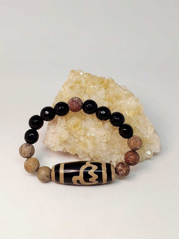 Tibet Akik, Japer & Oniks Taşlı Lotus Sembollü Unisex Bileklik 10mm ürün görseli 1