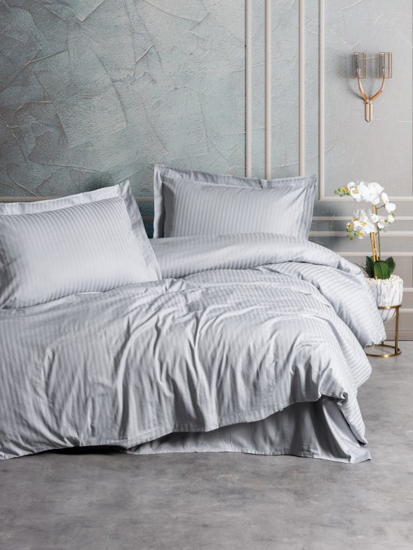 Cotton Box Elegant Stripe Saten Çift Kişilik Nevresim Takımı Gri ürün görseli 1