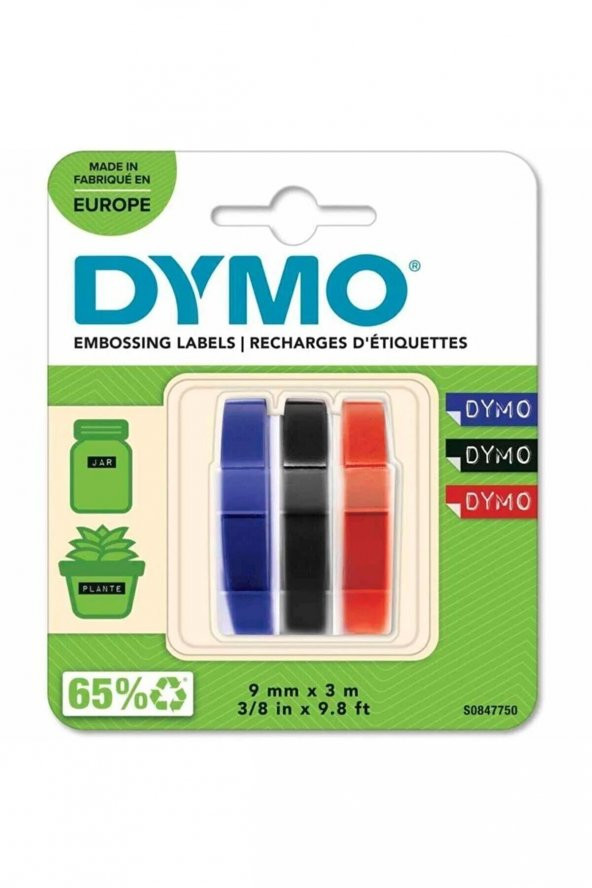 Dymo Kabartma Şerit 9 mm x 3 Metre 3 Lü Blister Kırmızı Mavi Siyah ürün görseli 1
