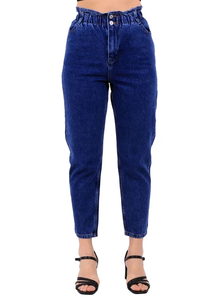Beli Lastikli ve Yüksek Belli Cepli Astarsız Kadın Kot Pantolon Jean Koyu Mavi Denim ürün görseli 1