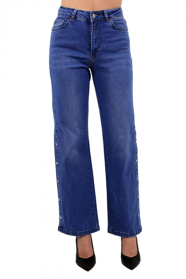 Paçaları Çıtçıtlı Detaylı Yüksek Belli Cepli Astarsız Kadın Kot Pantolon Jean Açık Mavi Denim ürün görseli 1
