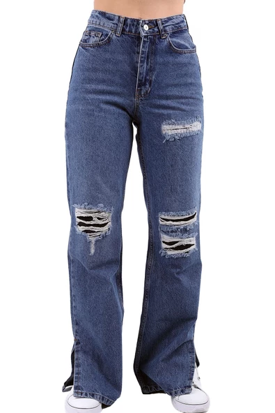 Bacakları Yırtıklı ve Paçaları Yırtmaçlı Geniş Paçalı Kadın Kot Pantolon Jean Orta Mavi Denim ürün görseli 1