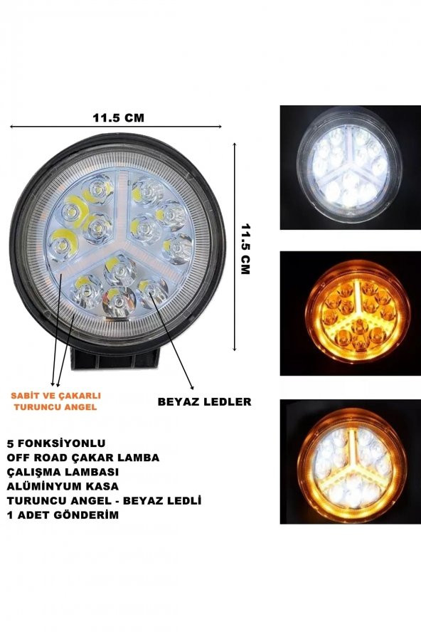 Off Road  Uyumlu Oval Çalışma Lambası Turuncu Çakar Angel-beyaz Led 5 Fonksiyon 11,5x11,5 Cm 1 Adet- ürün görseli 1