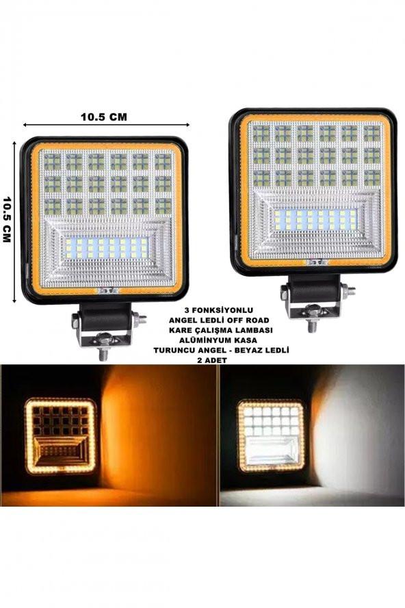 Off Road Kare Çalışma Lambası Turuncu Angel-beyaz Ledli 3 Fonksiyon 10,5 X 10,5 Cm 2 Adet - ürün görseli 1