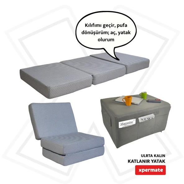 Ultra Kalın Katlanır Sünger Yatak, Yer Yatağı, Katlanır Yer Minderi, Misafir Yatağı 80x180x14 Gri Puantiyeli ürün görseli 1