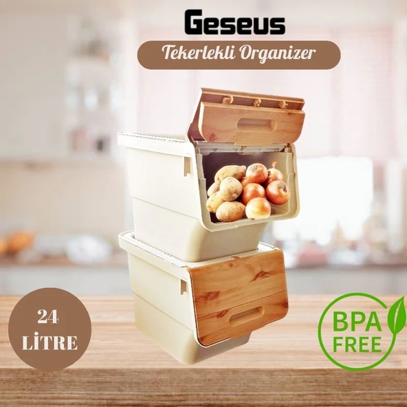 Motek Patateslik Soğanlık Sepeti Oyuncak Kutusu Tekerlekli Organızer Çok Amaçlı Kutu 2X12Lt-Bambu+Krem ürün görseli 1