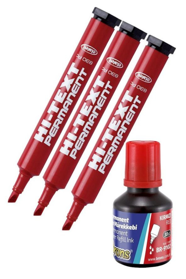 Kırmızı Kesik Uçlu Markör Permanent Kalem 3 Adet Hı-Text Marker Mürekkep Kırmızı 30 Ml 1 Adet Brons Koli Kalemi ürün görseli 1