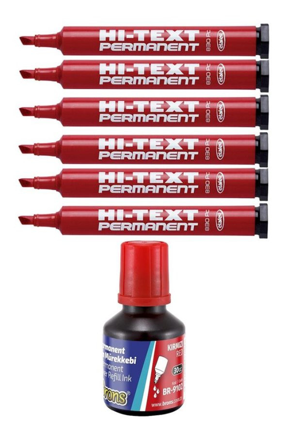 Kırmızı Kesik Uçlu Markör Permanent Kalem 6 Adet Hı-Text Marker Mürekkep Kırmızı 30 Ml 1 Adet Brons Koli Kalemi ürün görseli 1