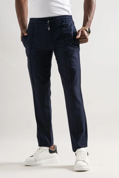 Armürlü Regular Fit Beli Lastikli Ve İplikli Önü Dikişli Mevsimlik Kumaş Erkek Jogger Pantolon ürün görseli 1